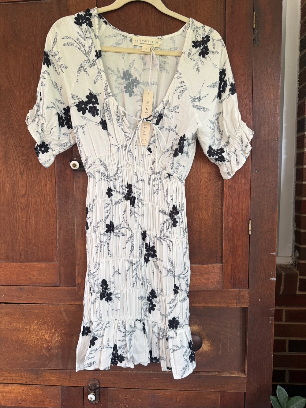 saltwater LUXE White Dress with Black Floral Embroidery